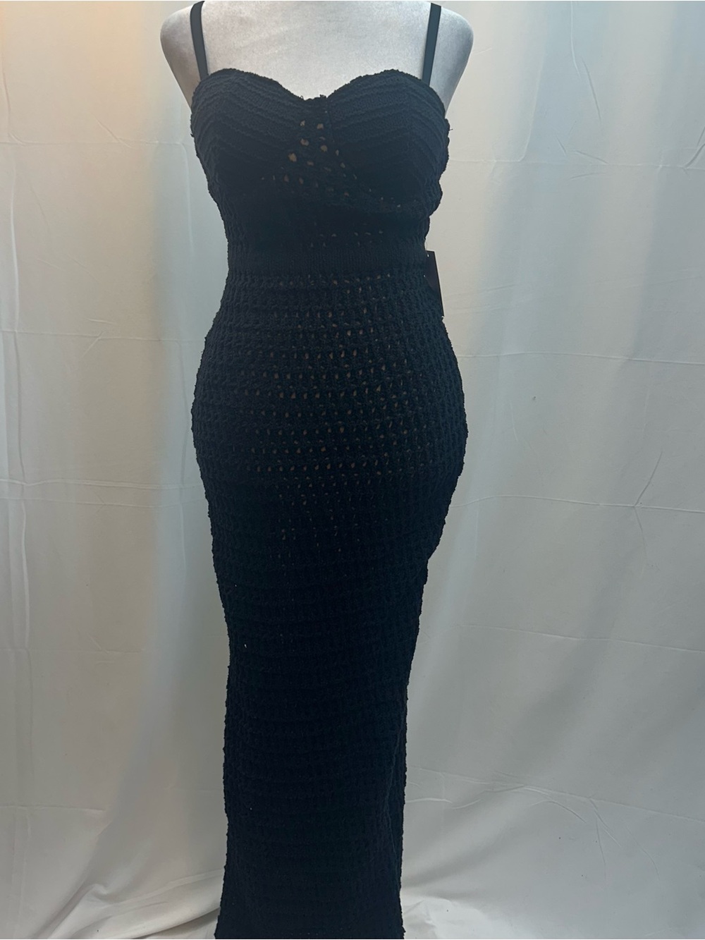 JLUXLABEL Black Crochet Maxi Dress with Spaghetti Straps S NWTS